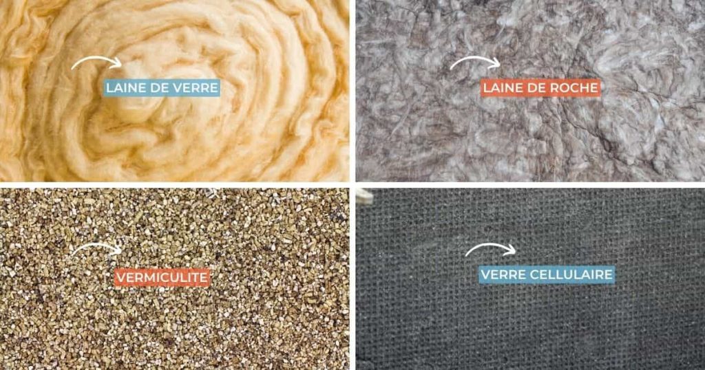 4 types d'isolants minéraux :  laine de verre, laine de roche, vermiculite et verre cellulaire