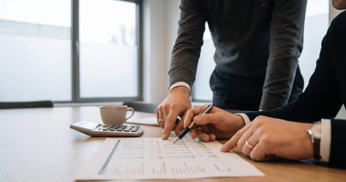 Deux collègues examinent ensemble un document chiffré sur une table de réunion, l'un pointant une ligne du doigt tandis que l'autre tient un stylo, avec une calculatrice et une tasse de café à côté.
