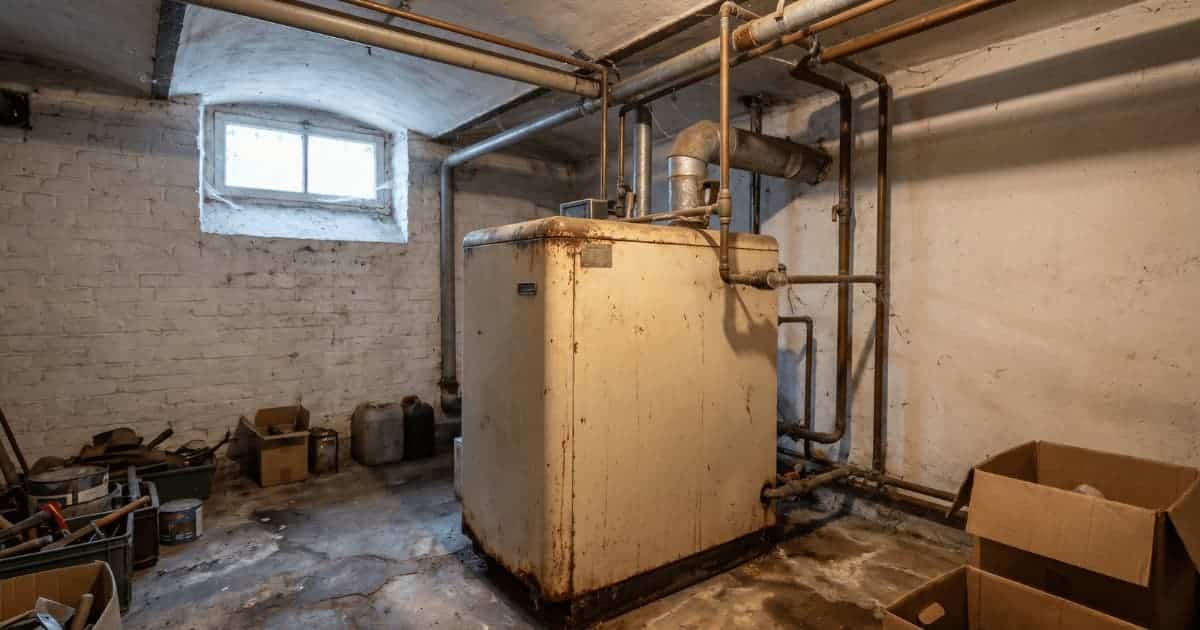 Une ancienne chaudière mazout au sol de couleur crème avec des traces de rouille se dresse dans une cave aux murs de briques blanchis à la chaux entourée de tuyauterie en cuivre et en acier sous la lumière naturelle d'un petit soupirail.