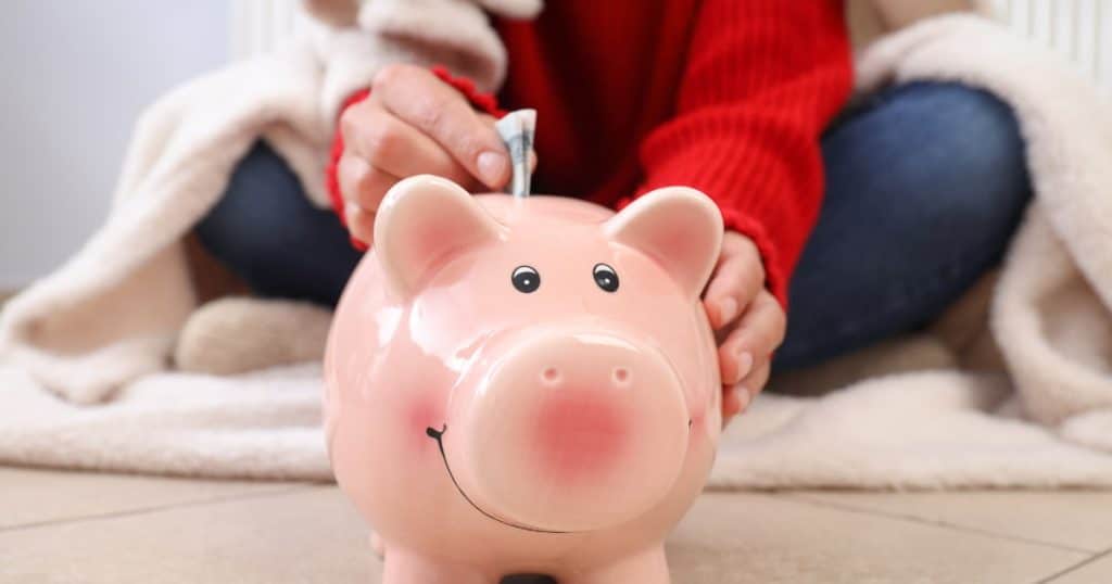 une main d'une femme qui a une couverture dessus qui met un billet dans une tirelire cochon 