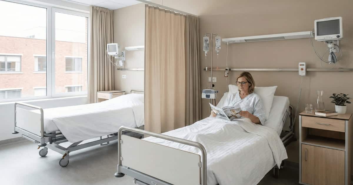 Une patiente portant des lunettes lit un magazine dans son lit d'hôpital dans une chambre à deux lits, avec un rideau séparateur, du matériel médical au mur, une perfusion et une grande fenêtre laissant entrer la lumière naturelle, un immeuble en briques visible à l'extérieur.