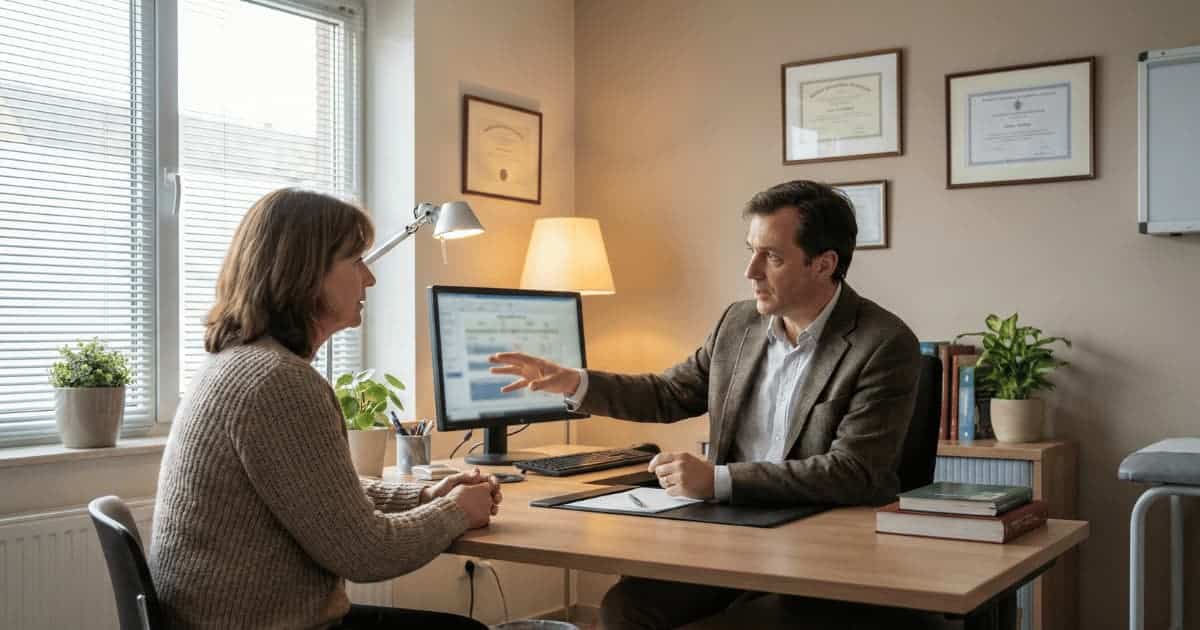 Un médecin en blazer gris explique des informations sur son écran d'ordinateur à une patiente assise en face de lui dans un cabinet médical chaleureux, avec des diplômes encadrés au mur et une lumière naturelle entrant par la fenêtre.