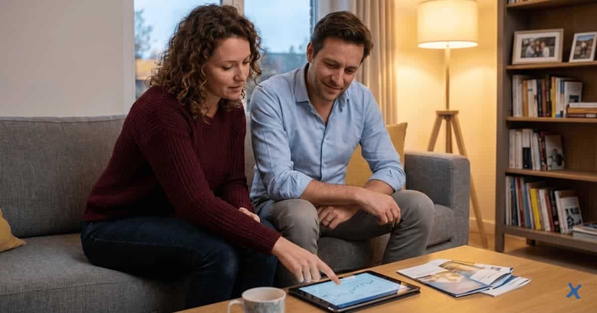 Un couple assis sur un canapé consulte ensemble des informations sur une tablette dans un salon chaleureux, avec des documents posés sur la table basse.