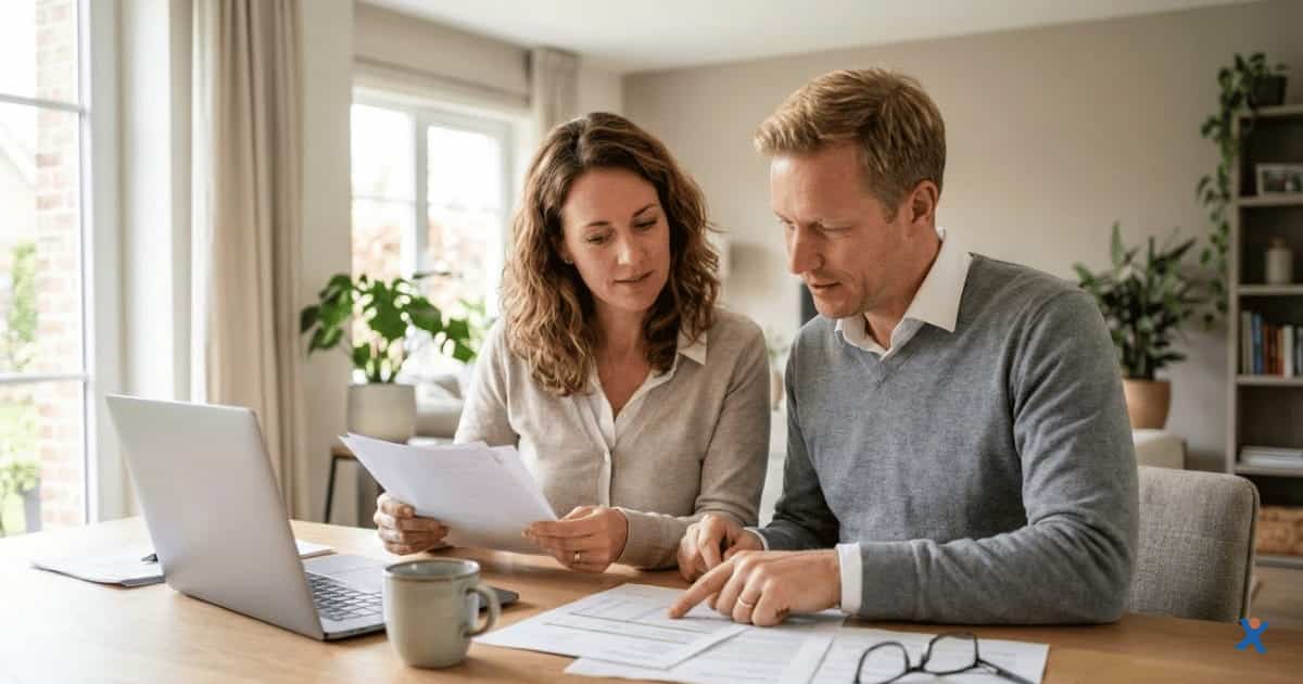 Un couple assis à une table examine des documents ensemble à domicile, avec un ordinateur portable ouvert et des papiers étalés devant eux.