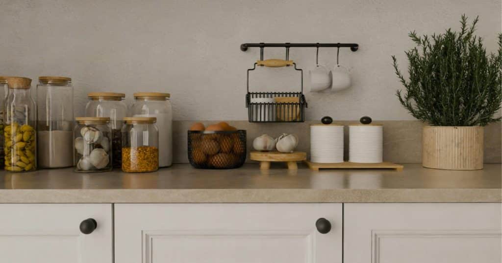 Plan de travail de cuisine moderne beige avec bocaux en verre contenant divers aliments, un panier d’œufs, de l’ail, deux pots blancs sur support en bois, tasses suspendues et une plante verte en pot décoratif.