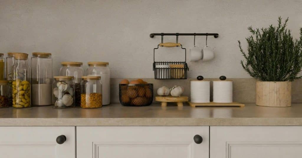 Bocaux et accessoires de rangement dans une cuisine durable