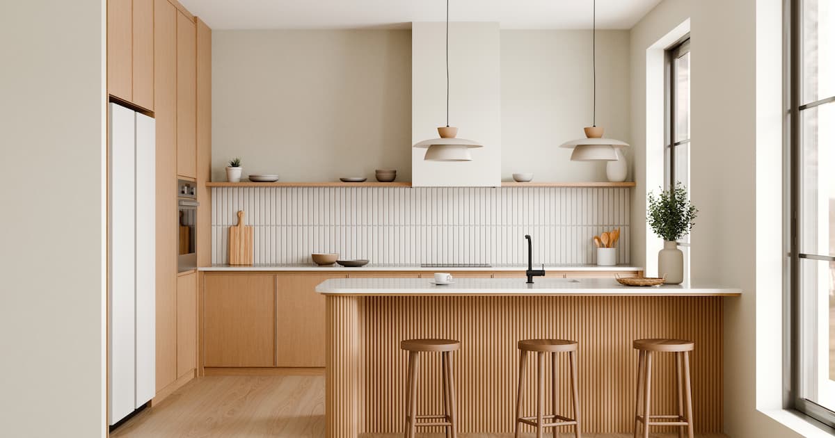 Cuisine en L Japandi avec ilôt et 3 tabouret en bois