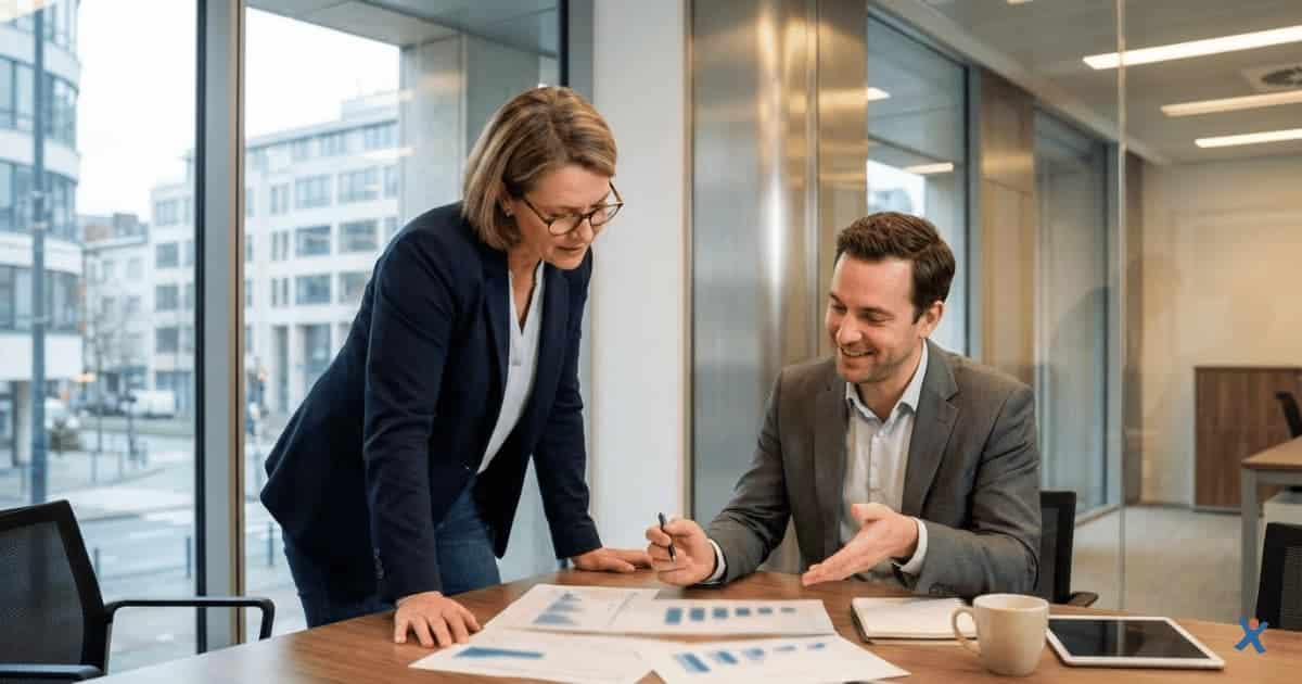 Deux collègues discutent de documents et de graphiques lors d’une réunion dans un bureau moderne, avec une tablette et une tasse de café sur la table.