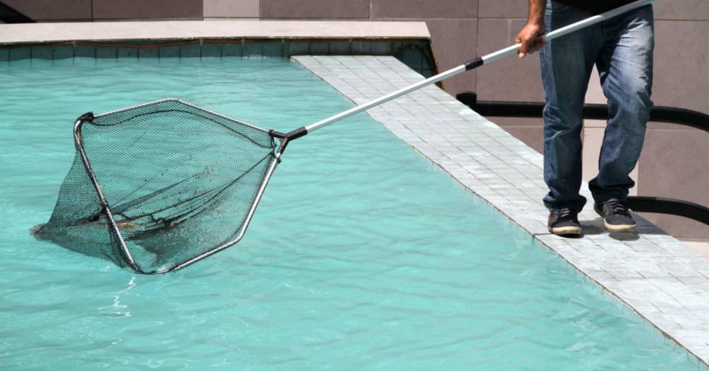 Homme qui ramasse les feuilles dans la piscine à l'aide d'une épuisette 