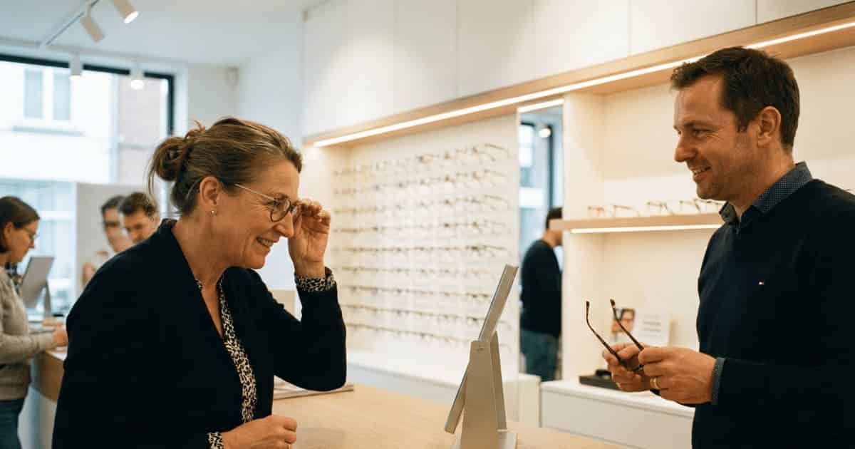 Une femme souriante essaie une paire de lunettes devant un petit miroir dans un magasin d'optique moderne, tandis qu'un opticien lui présente une autre monture, avec un mur de présentoirs de lunettes en arrière-plan.