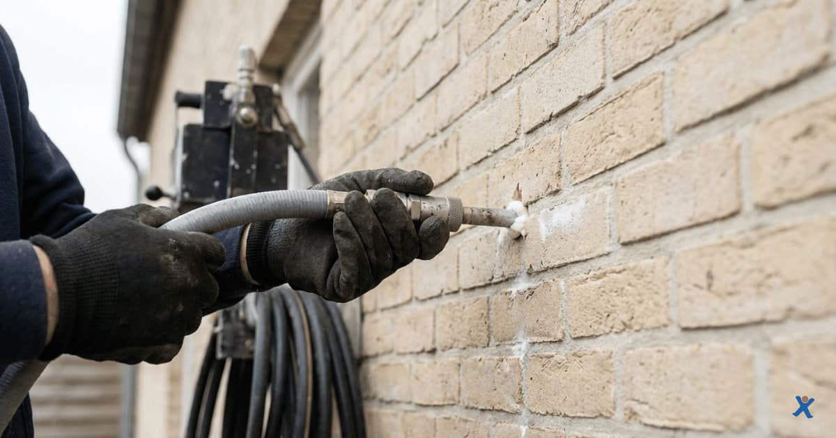 On voit un ouvrier portant des gants tenir un tuyau d’injection contre un mur en briques claires. Le tuyau est inséré dans un petit trou percé dans le joint du mur, d’où ressort un peu de matériau isolant blanc. À l’arrière-plan, des câbles et une machine d’insufflation sont visibles, ce qui indique des travaux d’isolation en cours sur la façade extérieure d’une habitation.