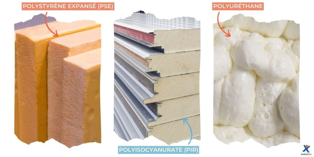 Montage d'images représentant 3 types d'isolants organiques : le PSE, le PIR et le polyuréthane
