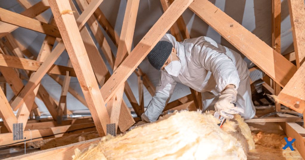 Un homme en combinaison de protection avec masque en train d'isoler une toiture 