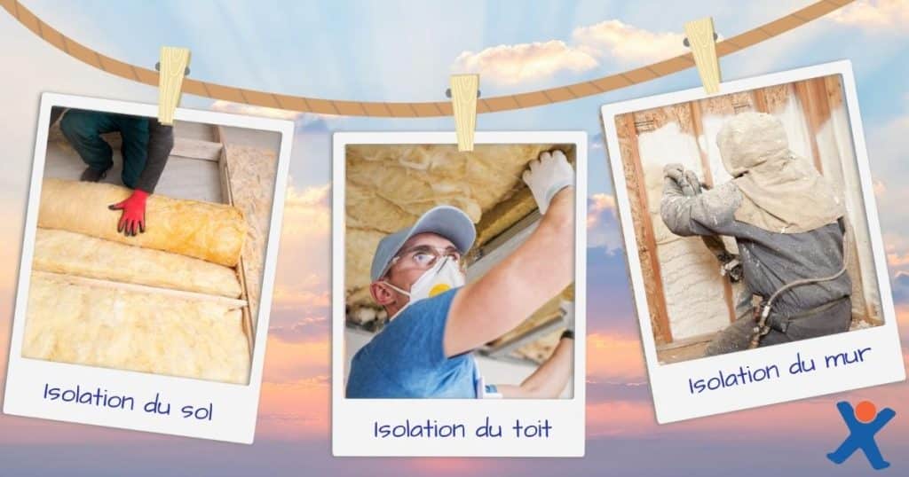 images représentant les différentes parties d'une maison à isoler : isolation du toit, du sol et des murs