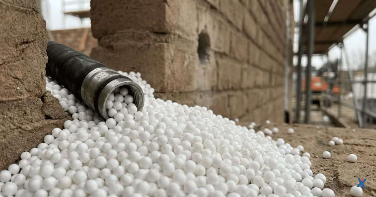 Billes de polystyrène insufflées dans un mur creux. Isolation thermique d’un bâtiment en rénovation.