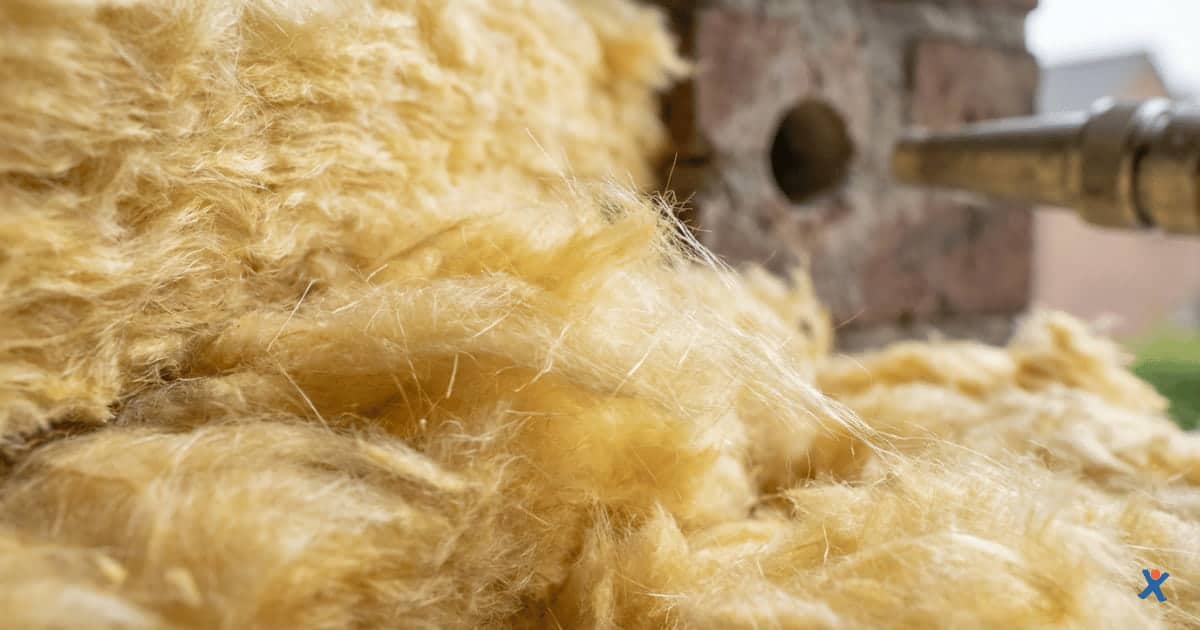 On voit un mur en briques dans lequel un trou a été percé pour des travaux d’isolation. De la laine minérale jaune est visible autour de l’ouverture et ressort légèrement du mur. Un tuyau métallique est inséré dans le trou afin d’insuffler le matériau isolant à l’intérieur du mur creux. L’ensemble donne l’image d’un chantier d’isolation en cours sur un mur extérieur.