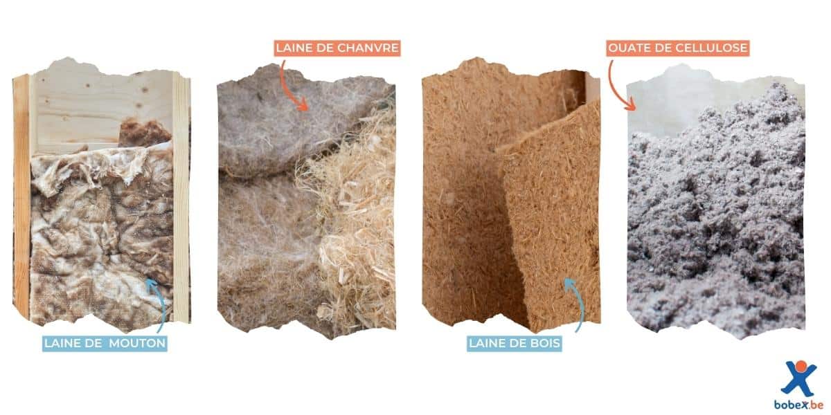 Illustration des différents types d'isolants écologiques : laine de mouton, laine de chanvre, laine de bois et ouate de cellulose