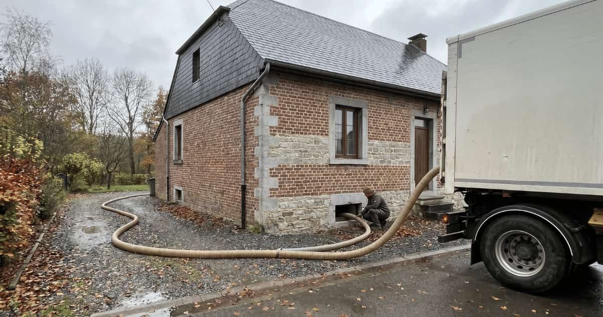 Un livreur raccorde le tuyau souffleur d'un camion à l'ouverture de cave d'une maison wallonne en briques et pierres pour remplir le silo de granulés de bois par une journée d'automne pluvieuse.