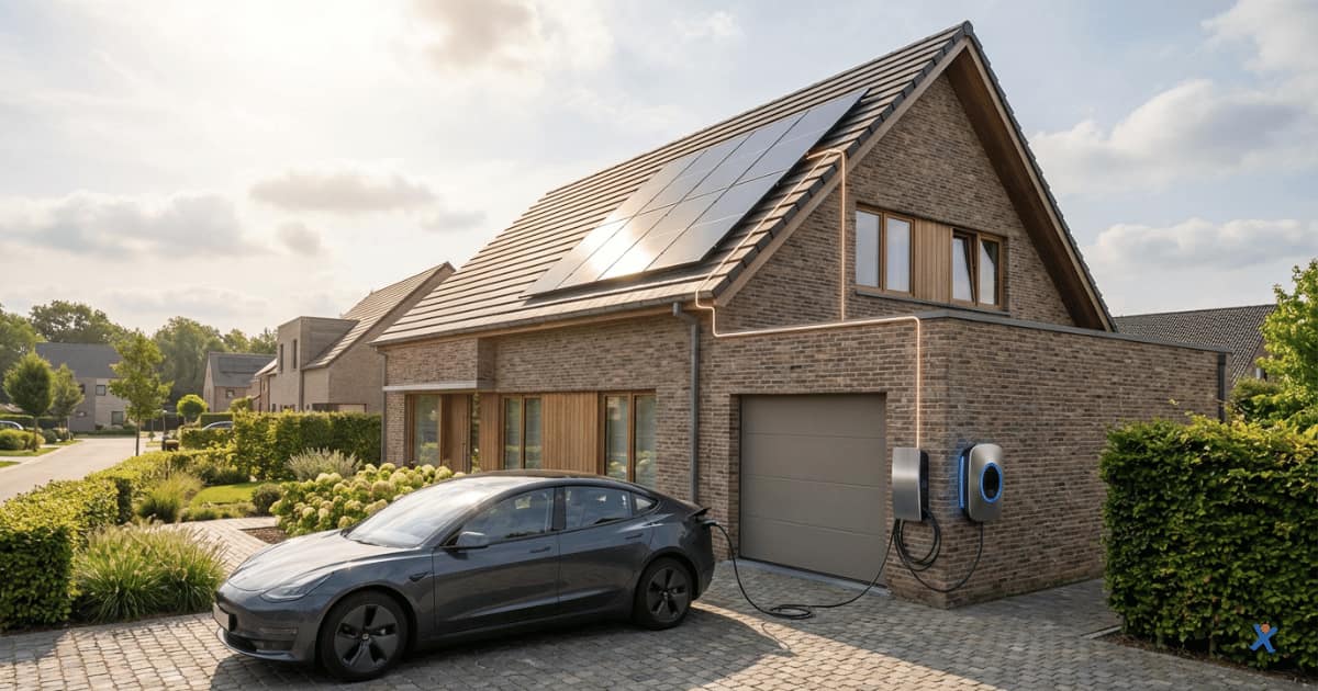 Maison moderne avec panneaux solaires sur le toit et une voiture électrique en cours de recharge via une borne installée près du garage.