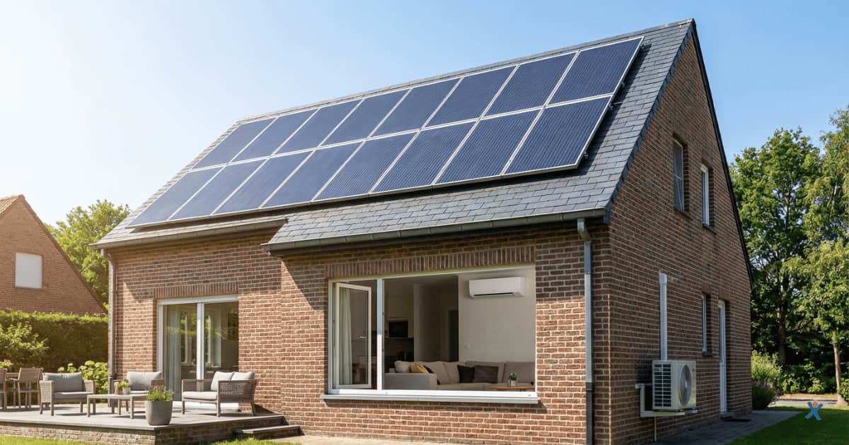 Maison individuelle avec panneaux solaires sur le toit et unité extérieure de climatisation installée sur la façade.
