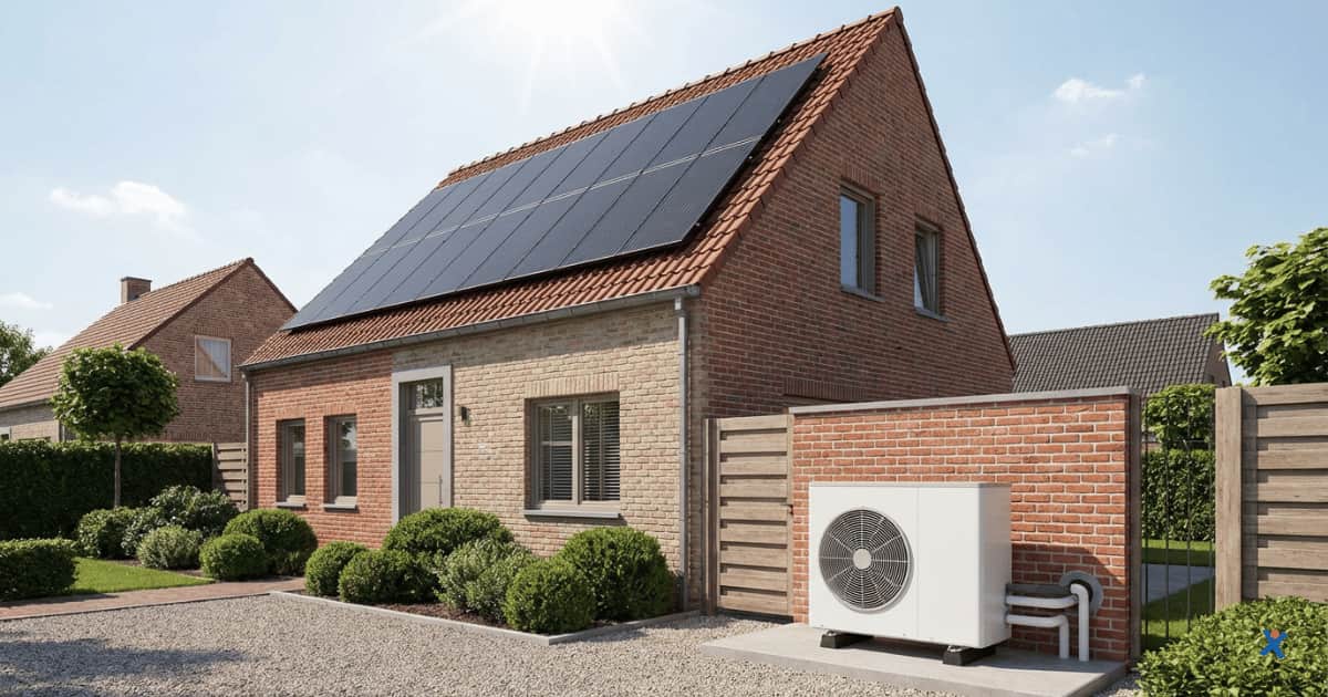Maison individuelle avec panneaux solaires sur le toit et unité extérieure de pompe à chaleur installée contre la façade.