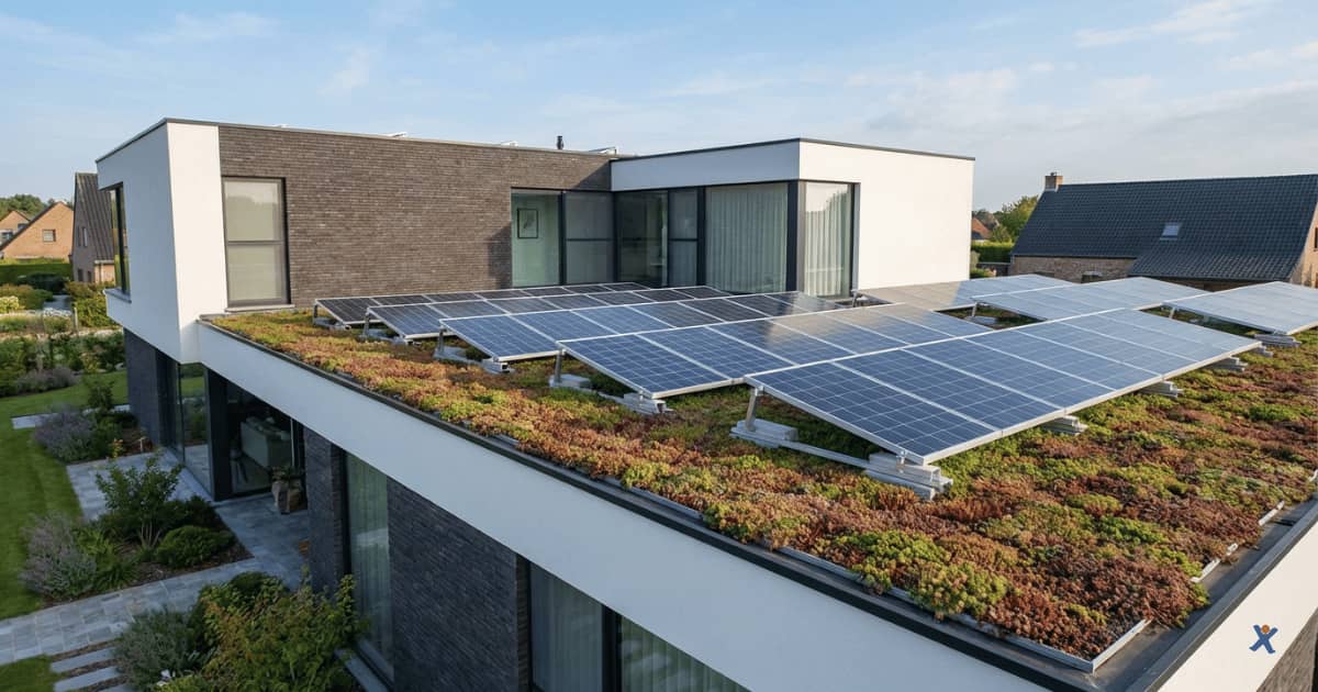 Maison moderne avec toit plat végétalisé équipé de panneaux solaires photovoltaïques.