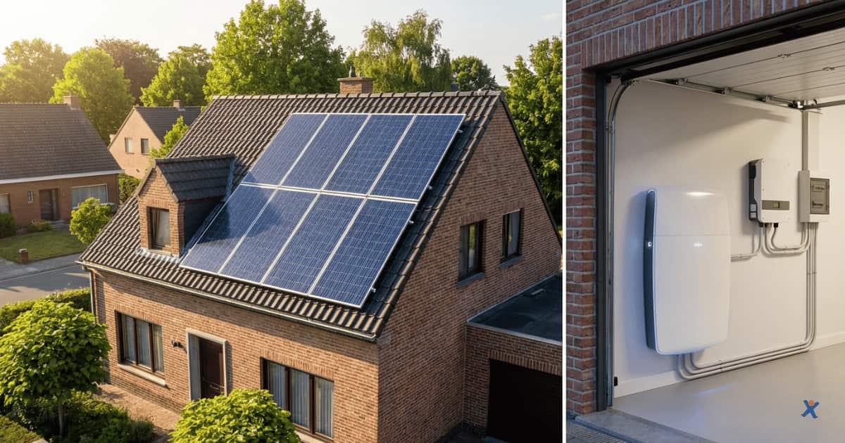Maison en briques avec panneaux solaires sur le toit et batterie domestique installée dans le garage pour le stockage de l’électricité.