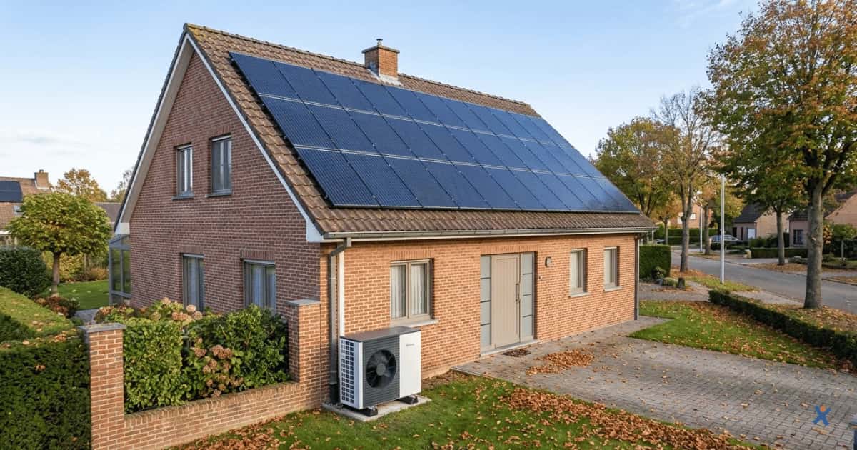 Maison individuelle en briques avec des panneaux solaires sur le toit et une unité extérieure de pompe à chaleur, située dans un quartier résidentiel.