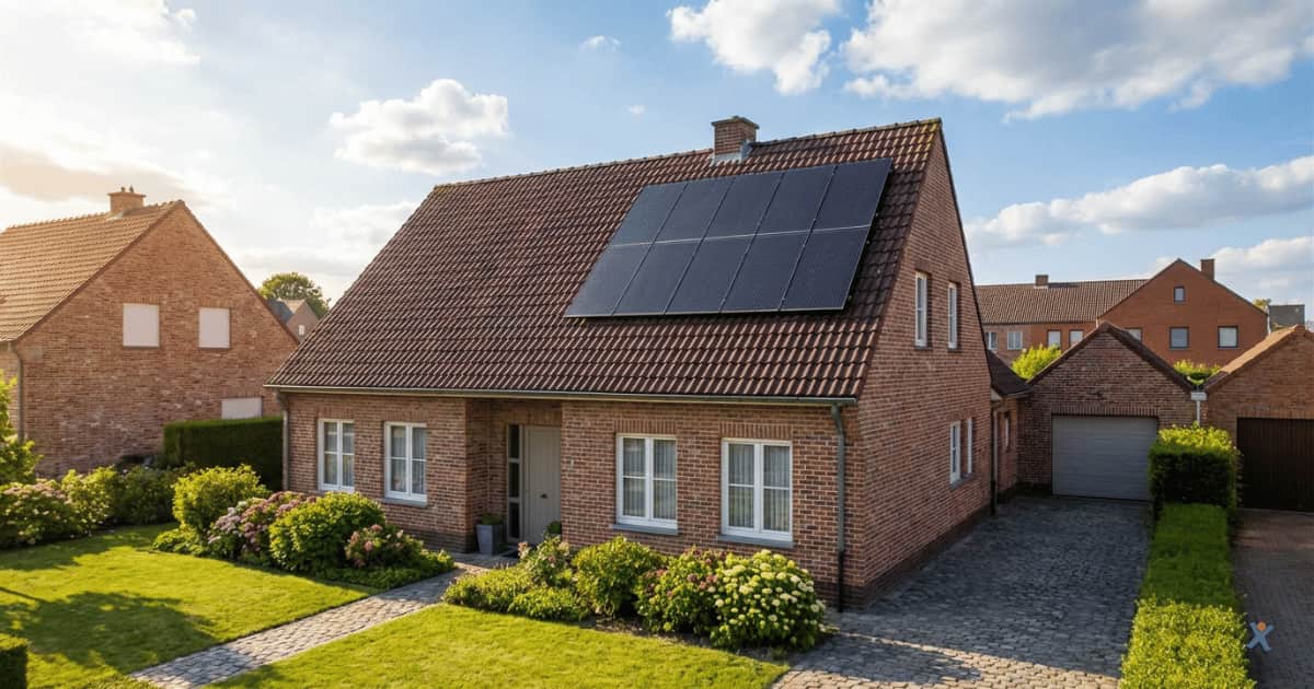 Maison individuelle en briques avec panneaux solaires installés sur un toit incliné, située dans un quartier résidentiel.