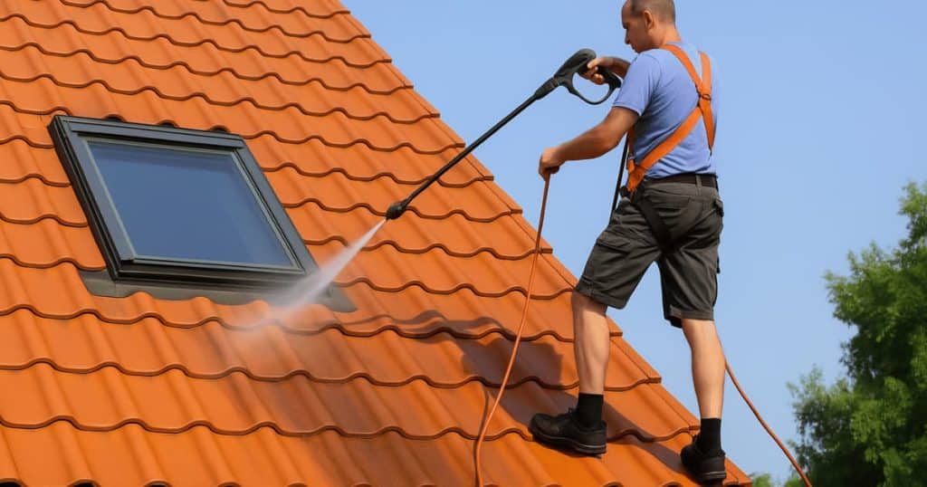 Professionnel utilisant un nettoyeur haute pression pour nettoyer un toit en tuiles de terre cuite, sécurisé par un harnais.