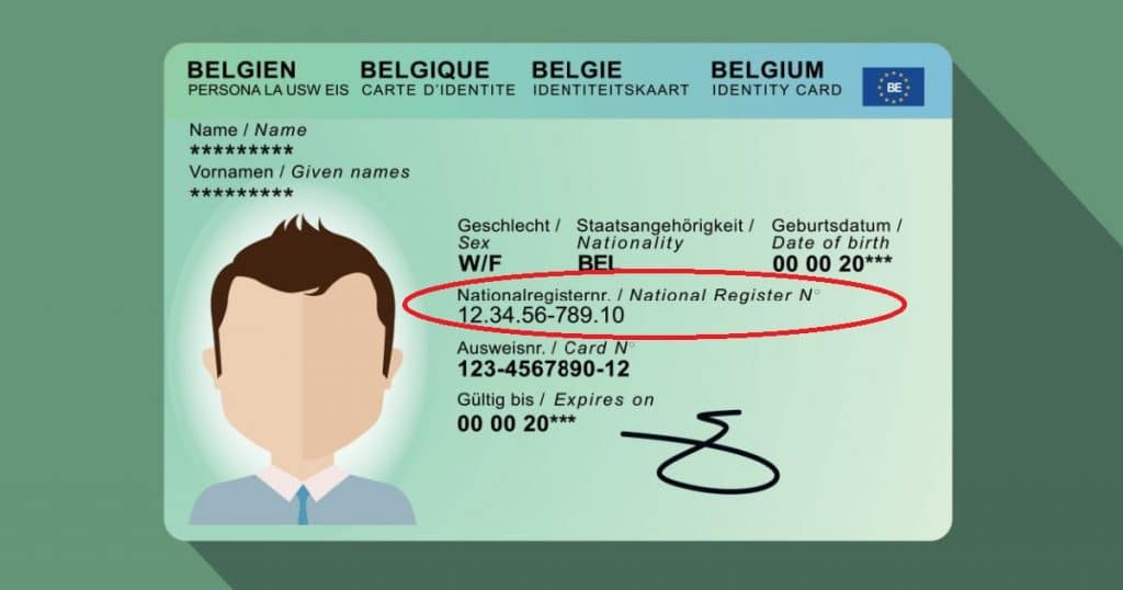 Dessin d'une carte d'identité belge. Le numéro de registre national est entouré. 