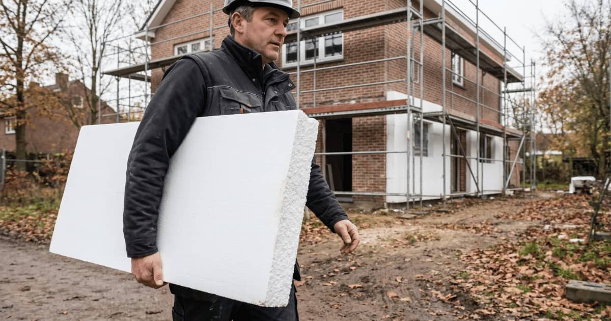 Un ouvrier du bâtiment porte facilement un panneau de polystyrène expansé blanc sur un chantier de rénovation, avec une maison en briques et des échafaudages en arrière-plan.