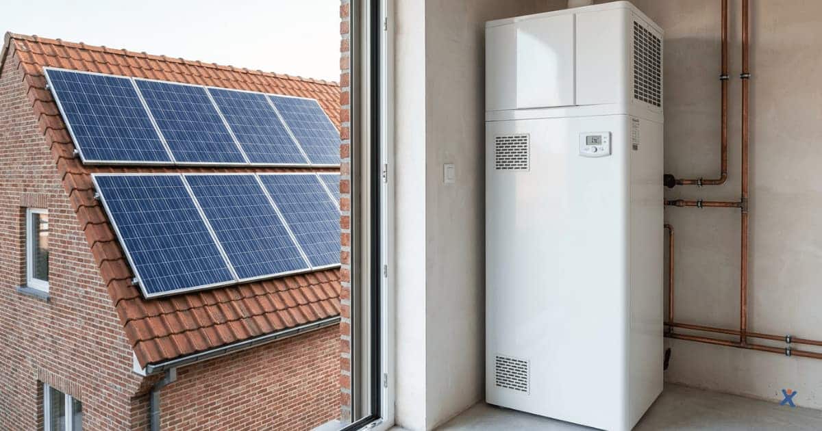 Panneaux solaires installés sur le toit d’une maison et pompe à chaleur intérieure placée dans un local technique.