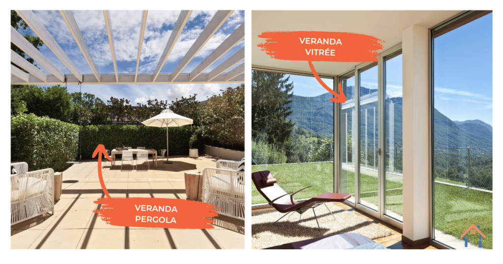 Montage montrant la différence entre une Pergola et une véranda vitrée.