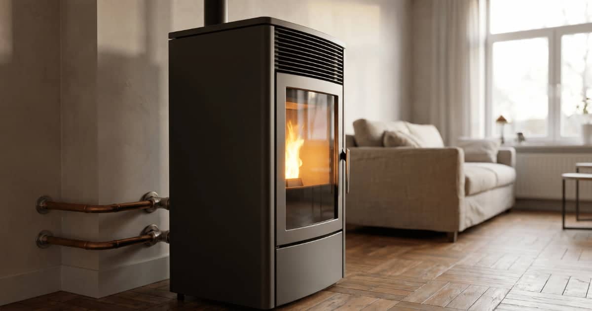 Un poêle à pellets hydro moderne de couleur anthracite avec une vitre laissant voir la flamme est installé dans un salon au parquet en chevrons avec des tuyaux en cuivre raccordés au mur pour alimenter le circuit de chauffage central.