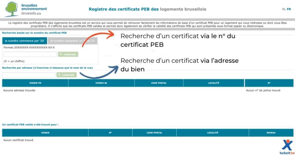 capture d'écran du registre des certificats PEB des logements bruxellois