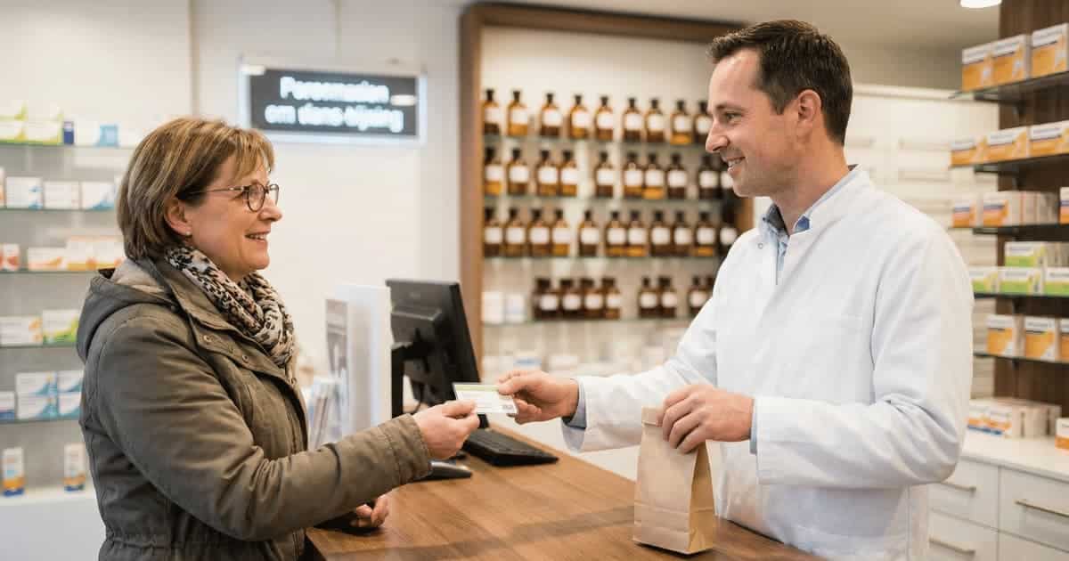 Femme souriante présentant sa carte de mutuelle à un pharmacien en blouse blanche derrière le comptoir d'une pharmacie belge.