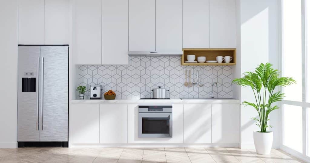 Cuisine blanche avec plante et frigo