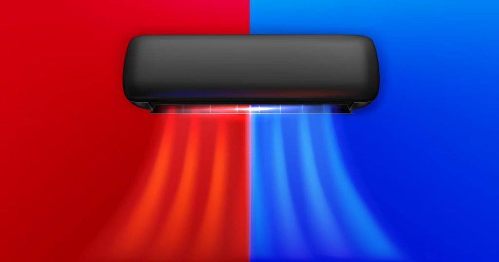 Système de climatisation réversible sur fond rouge et bleu
