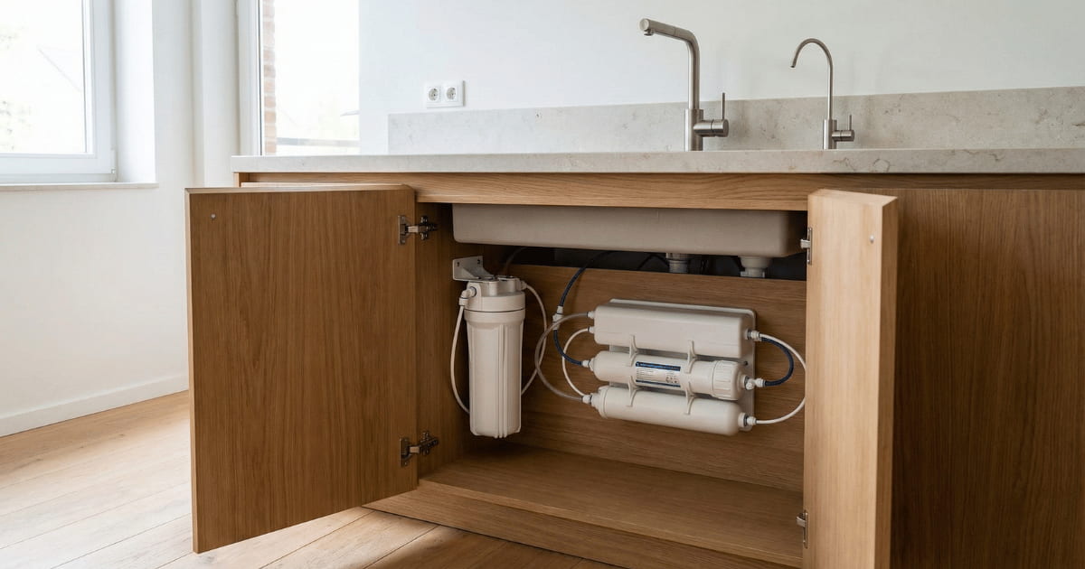 Système de filtration d'eau installé sous un évier de cuisine en bois de chêne : un préfiltre blanc vertical relié par des tuyaux bleus à un osmoseur mural horizontal à plusieurs étages. Deux robinets visibles sur le plan de travail en pierre claire, dont un robinet séparé pour l'eau filtrée. Sol en parquet clair, lumière naturelle par la fenêtre.