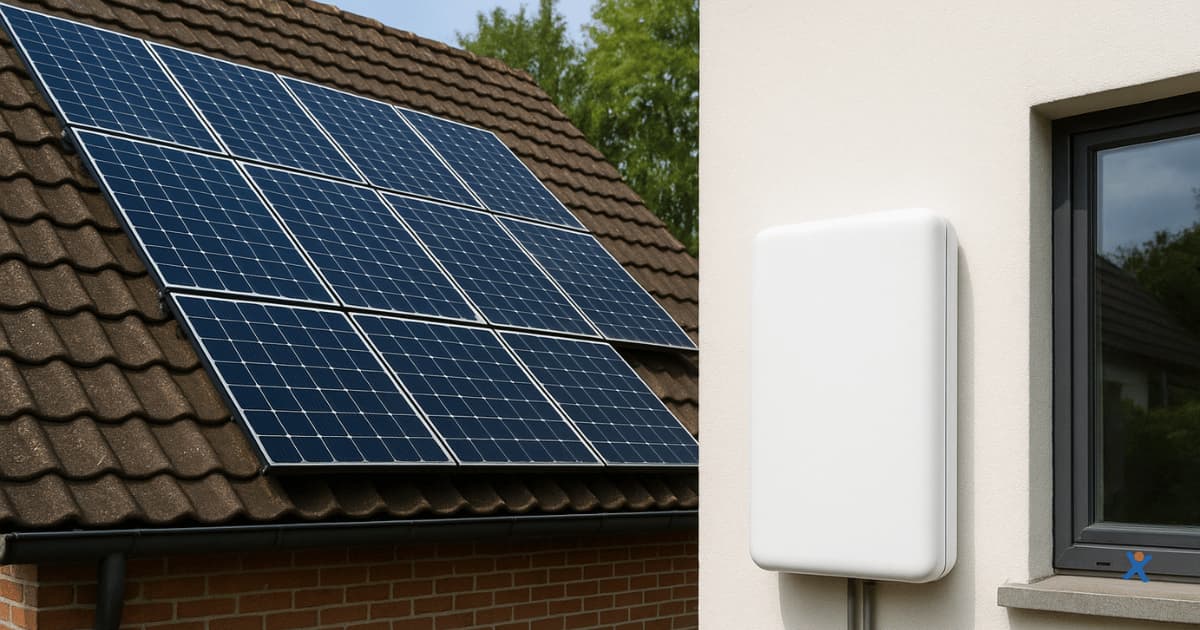 Toiture en tuiles équipée de panneaux solaires, avec une batterie domestique blanche installée sur le mur extérieur d’une maison belge.
