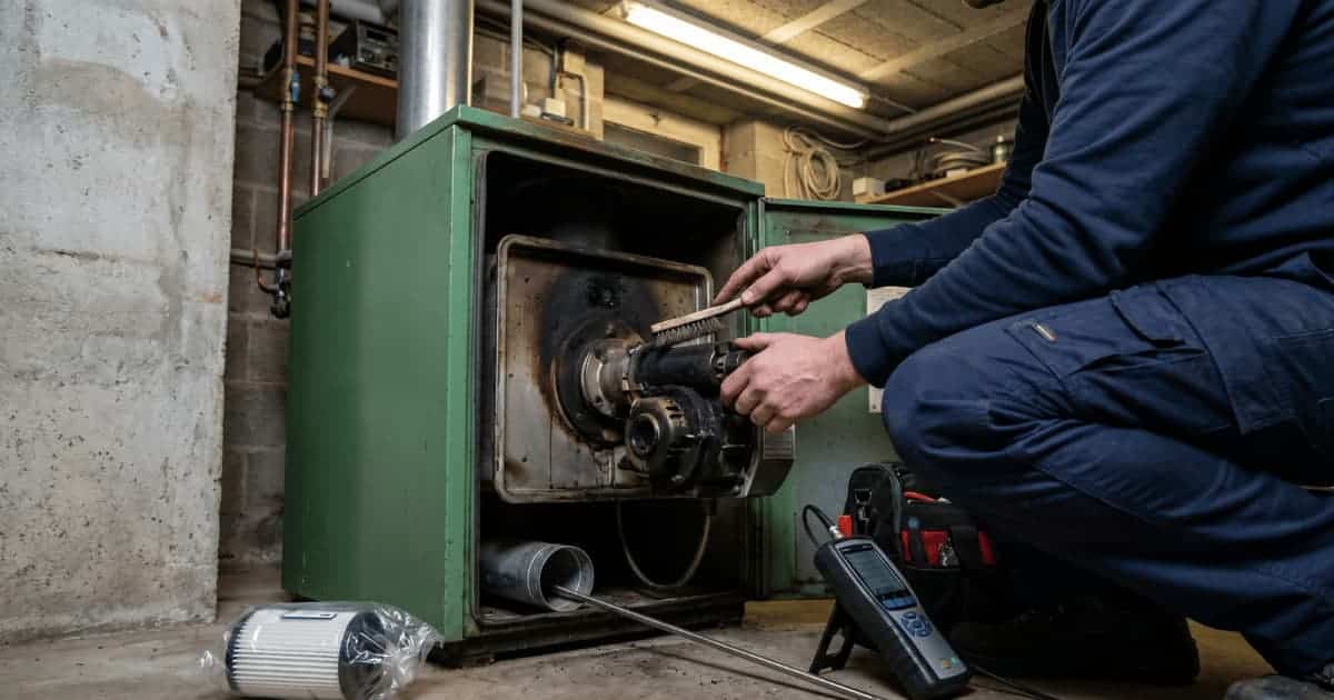 Un technicien en combinaison bleue nettoie le brûleur ouvert d'une chaudière mazout verte à l'aide d'une brosse métallique dans une cave tandis qu'un analyseur de combustion est posé au sol à côté de lui.