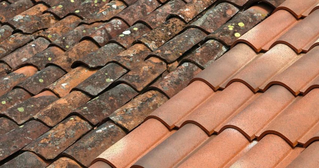 Une moitié de toiture pleine de mousse et une autre démoussée