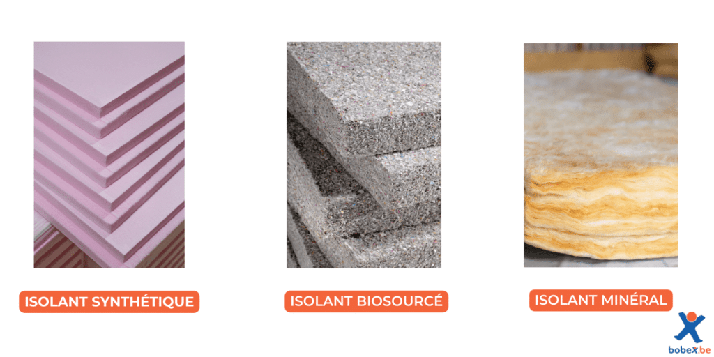montage photo représentant les différentes catégories d'isolants disponibles sur le marché en Belgique : isolant synthétique, biosourcé et minéral