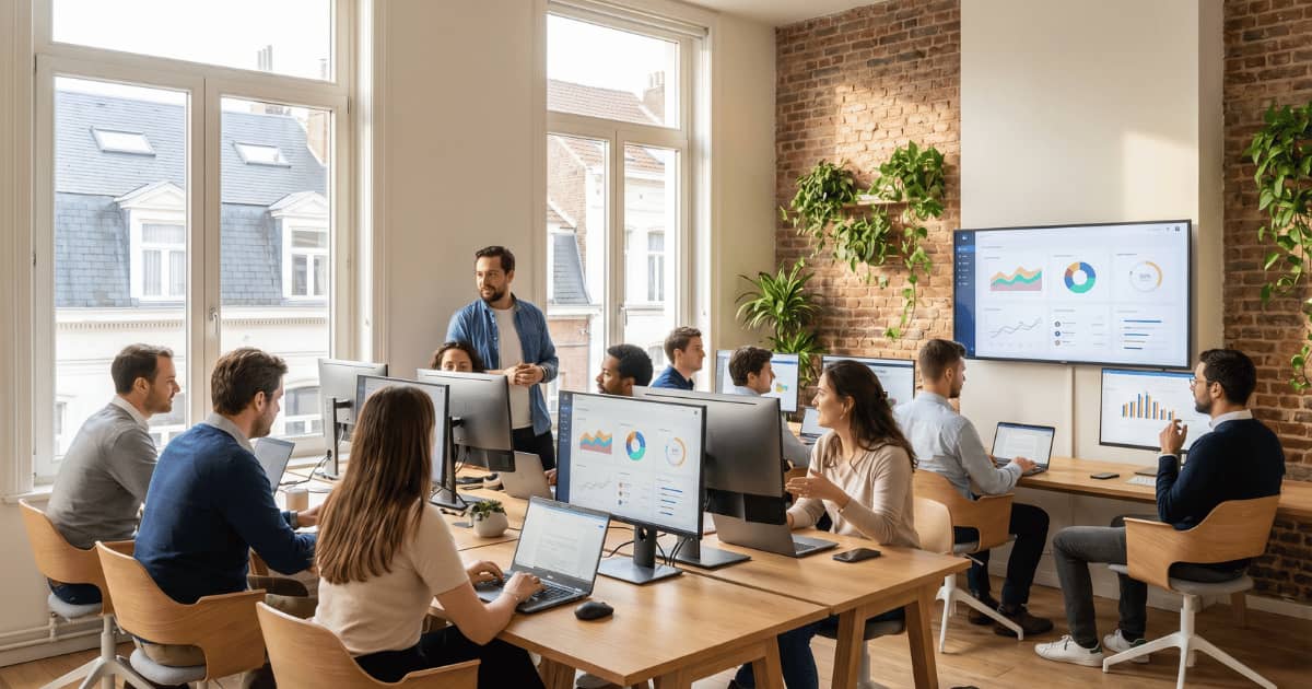 Une équipe d'une dizaine de personnes collabore autour d'une grande table dans un bureau moderne bruxellois avec mur en briques, écrans affichant des tableaux de bord salariaux et lumière naturelle entrant par de hautes fenêtres.