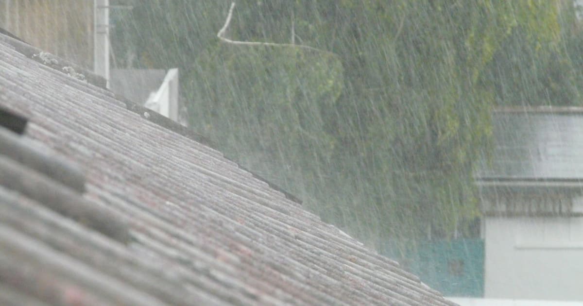 pluie qui tombe sur un toit et des arbres derrière.