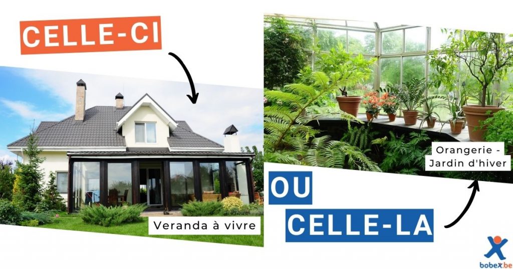 à gauche: maison avec toit penché et véranda vitrée de couleur foncée
à droite: orangerie avec finitions blanches et remplie de plantes