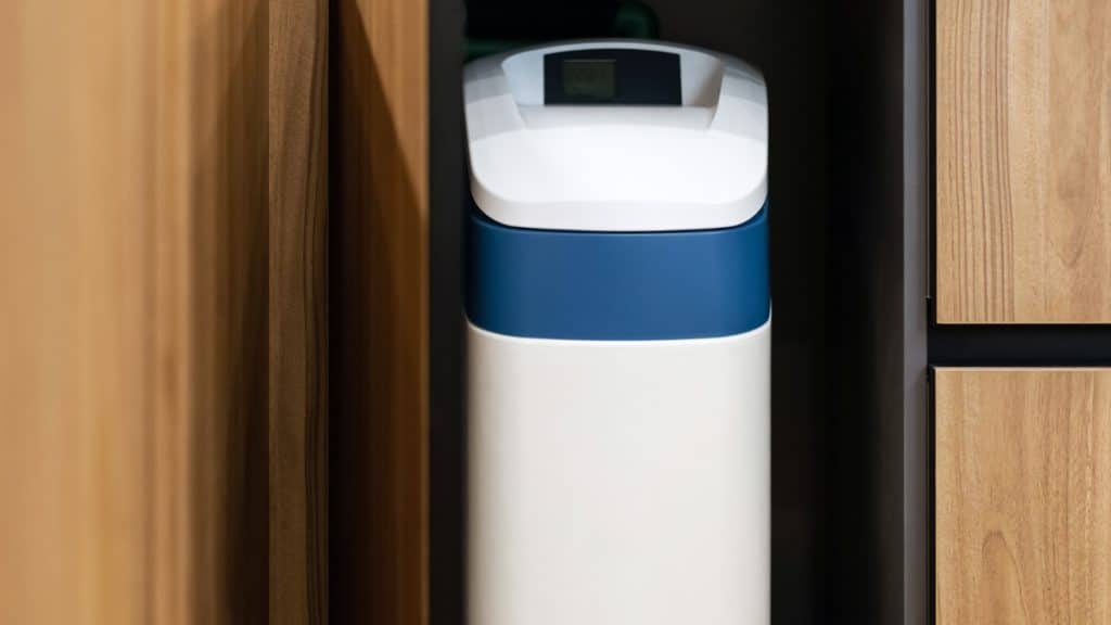 petit adoucisseur d'eau avec sel compact sous évier dans placard 