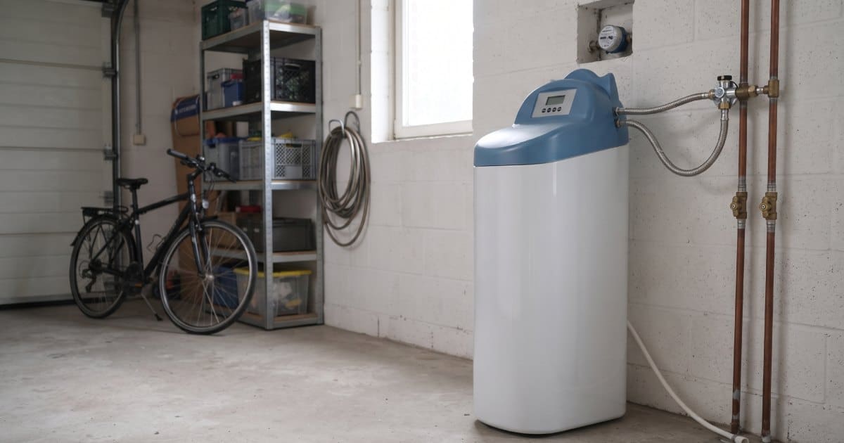 Adoucisseur blanc et bleu dans un garage aux murs blancs avec un vélo et une étagère.
