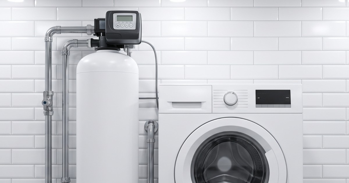 Adoucisseur blanc d'une marque inconnue branché près d'une machine à laver dans la buanderie d'une habitation.